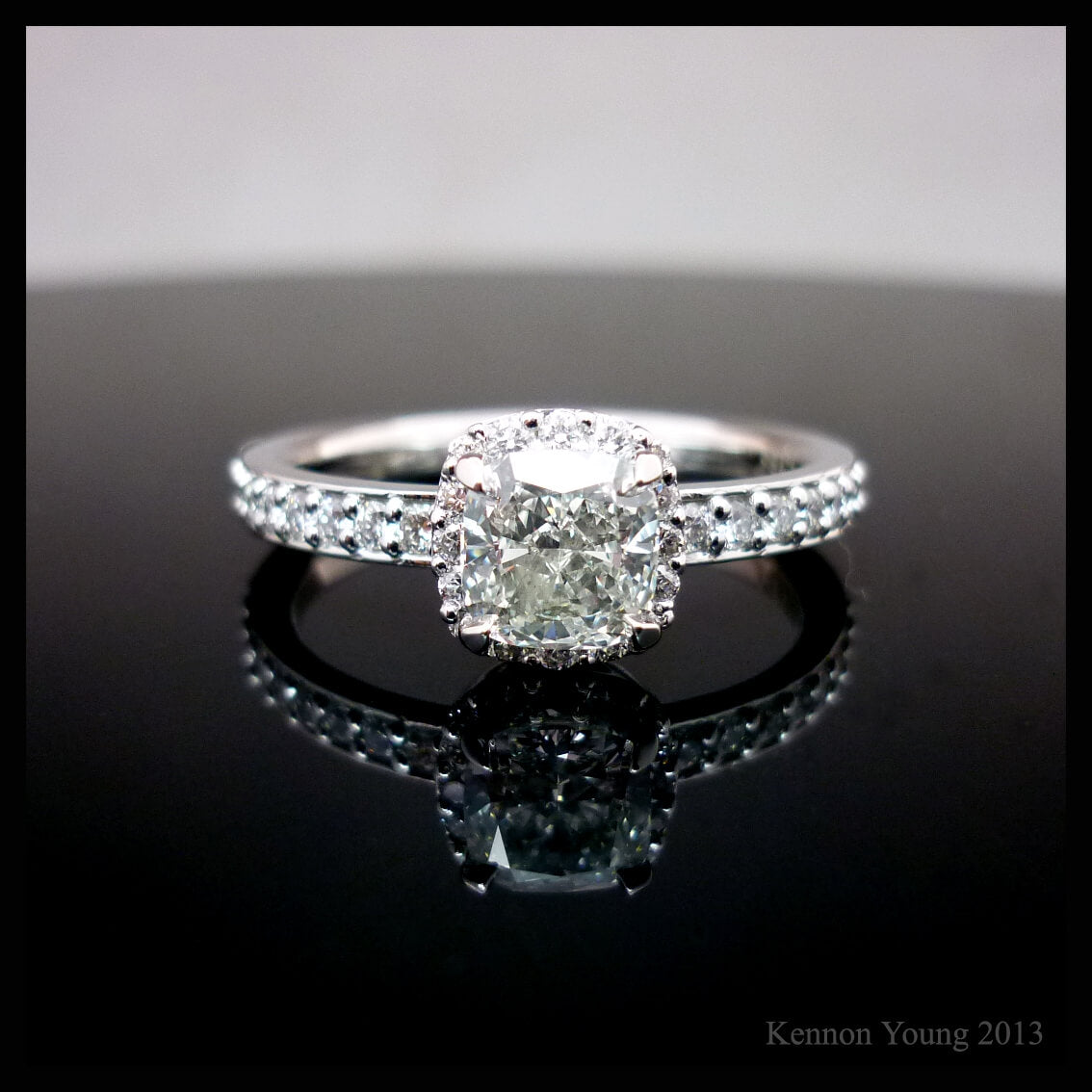 Cushion cut diamond halo claw prong bead set shank platinum custom Engagement Ring Vermont