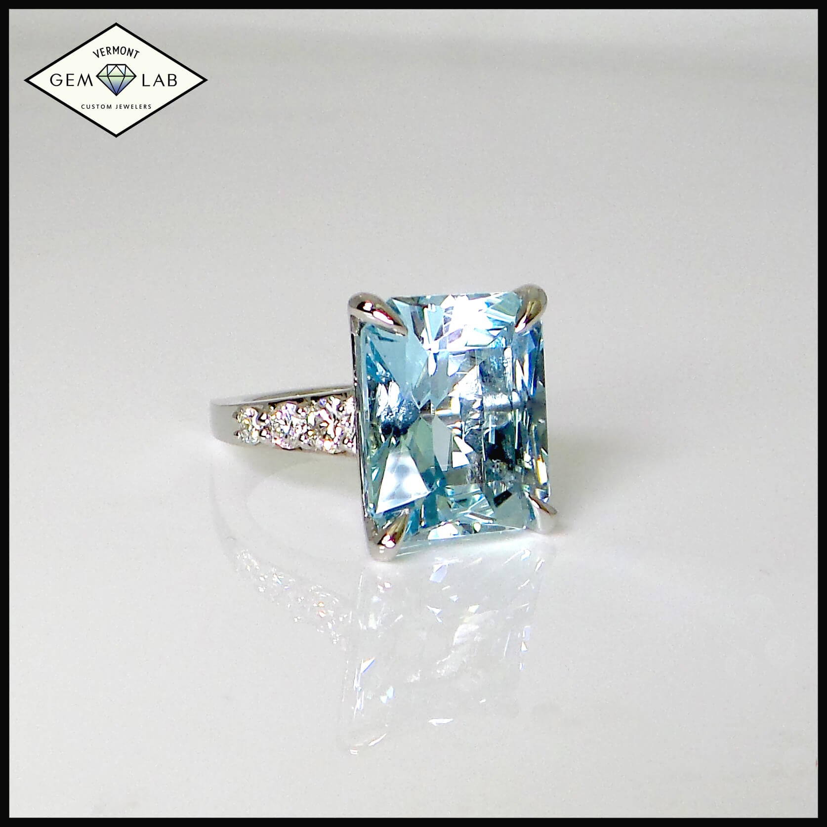 Aquamarine claw prong set platinum custom Engagement Ring Vermont