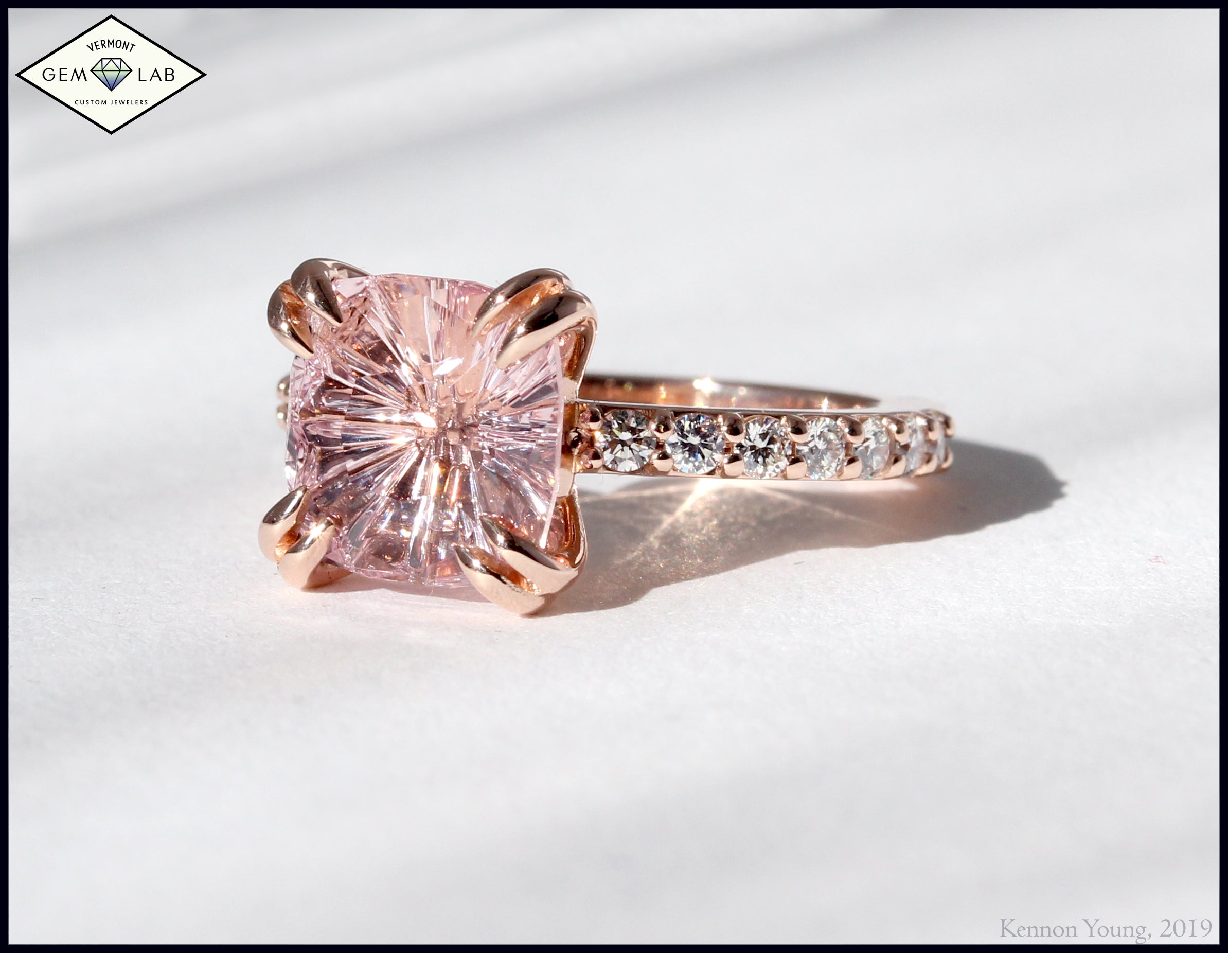 Rose gold john dyer cut morganite and diamond custom Engagement Ring Vermont
