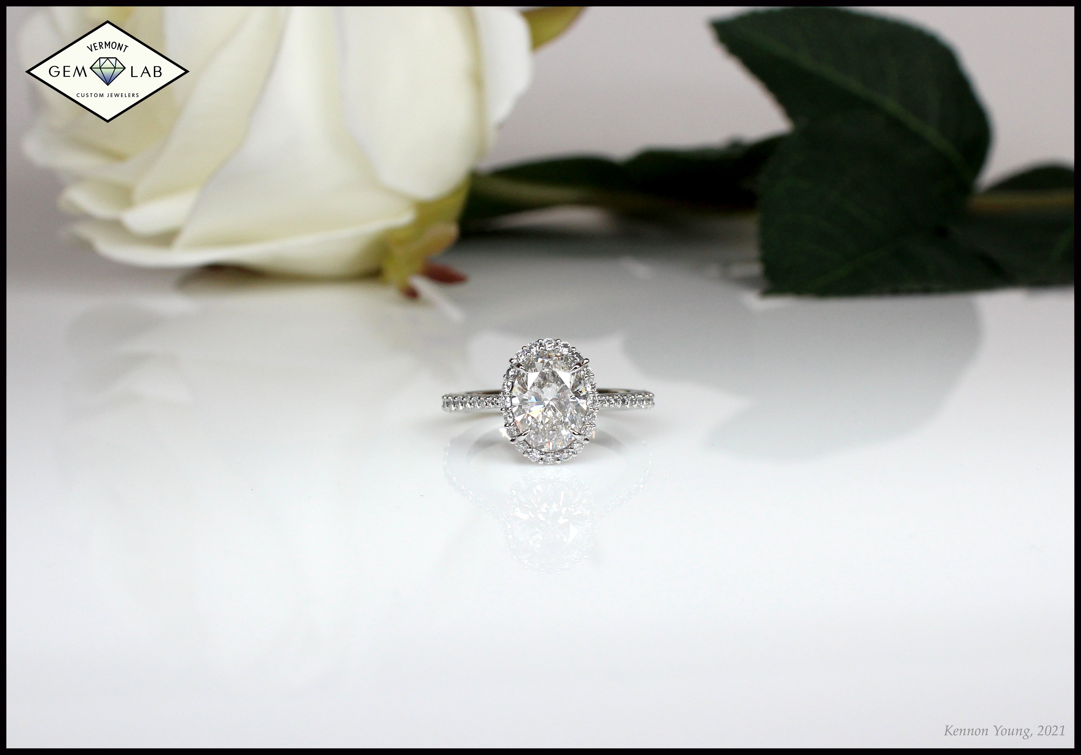 Oval cut diamond halo diamond band platinum custom Engagement Ring Vermont