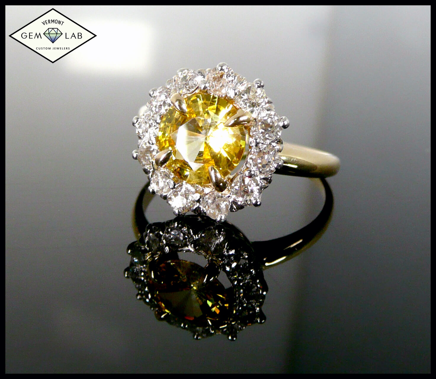 Yellow sapphire yellow gold platinum claw prong diamond halo custom Engagement Ring Vermont
